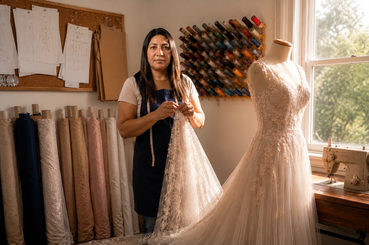 Costureira da Ateliê Divina trabalhando em um vestido de noiva